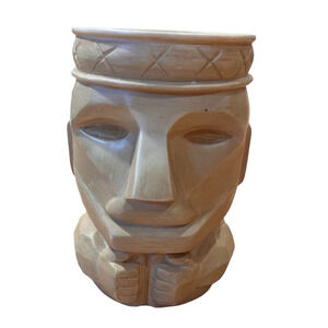 Vintage Tiki Hawaiian Carved Stoneware Cocktail Mug Cup Light Tan 4.5"
